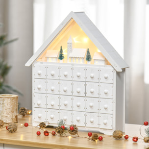 Calendario de Adviento de Navidad Madera con 24 Cajones y Luces LED Decoración Navideña Modelo Casita 39x9x42 cm Blanco