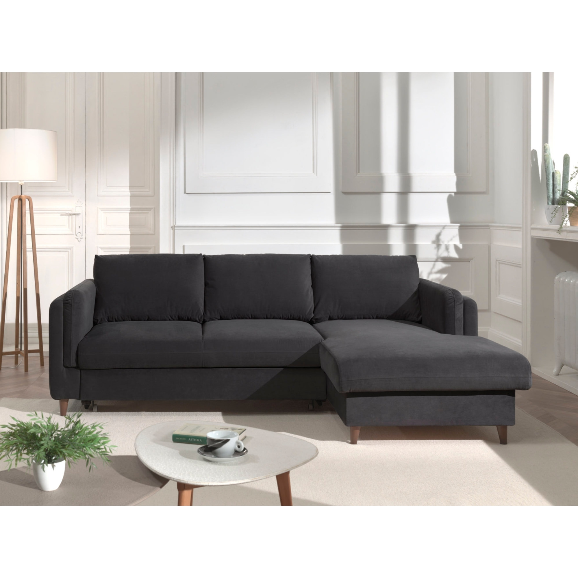 Brooke - canapé d'angle droit - convertible avec coffre - 4 places - en velours - Gris foncé