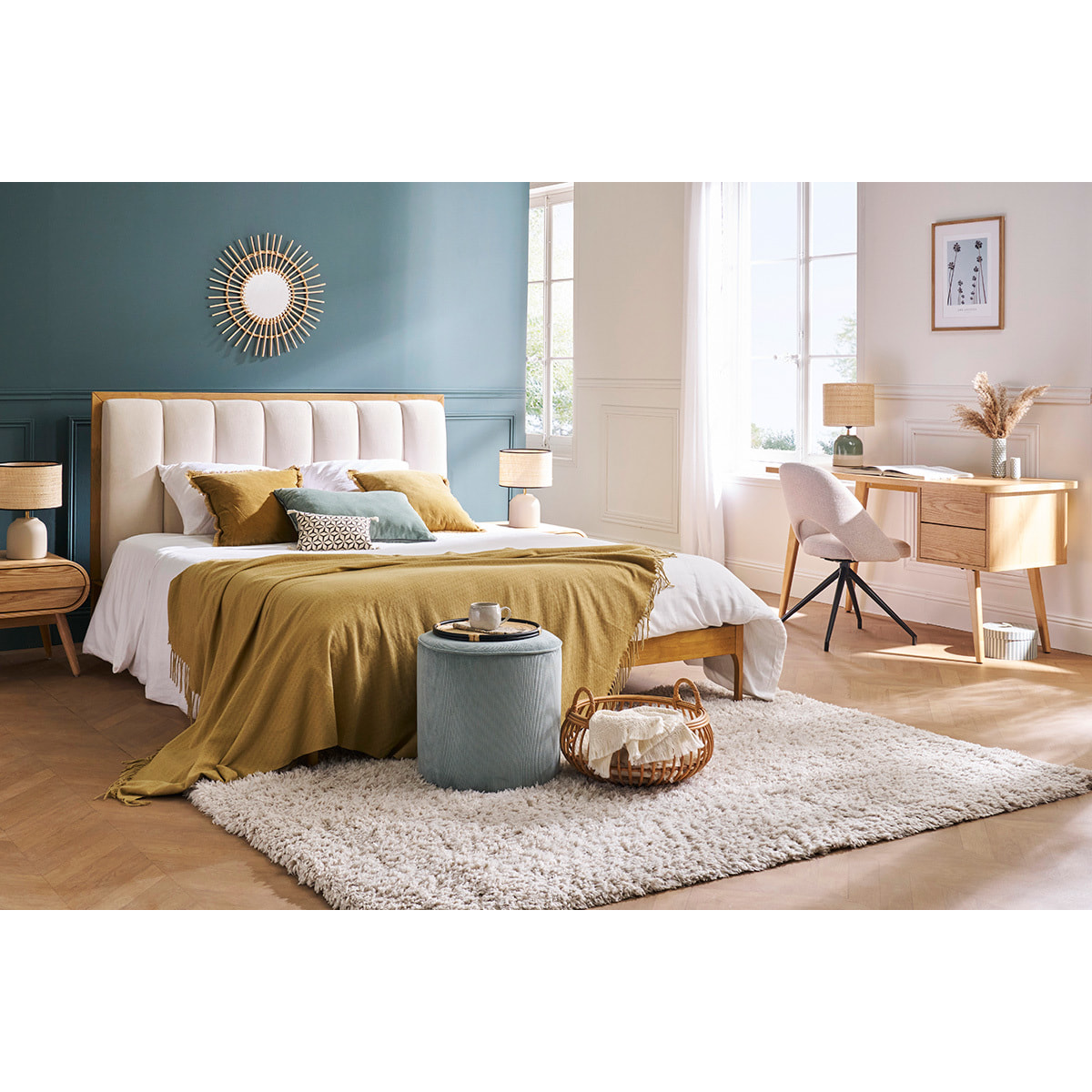 Pouf rond en tissu velours côtelé bleu grisé D40 cm LOUIS