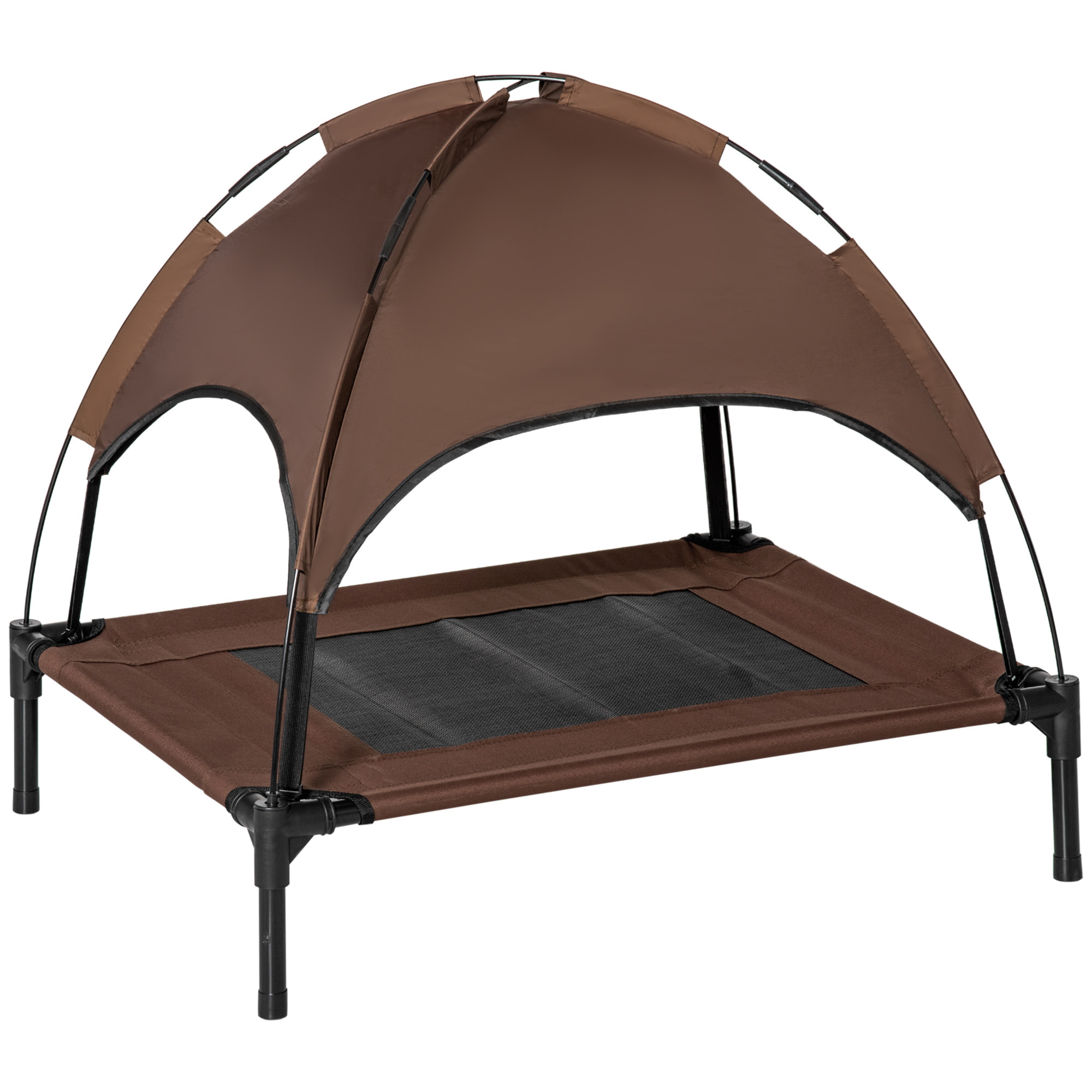 Cama Elevada para Mascotas Portátil con Toldo Extraíble Tela Transpirable al Aire Libre para Interior y Exterior 76x61x73 cm Café