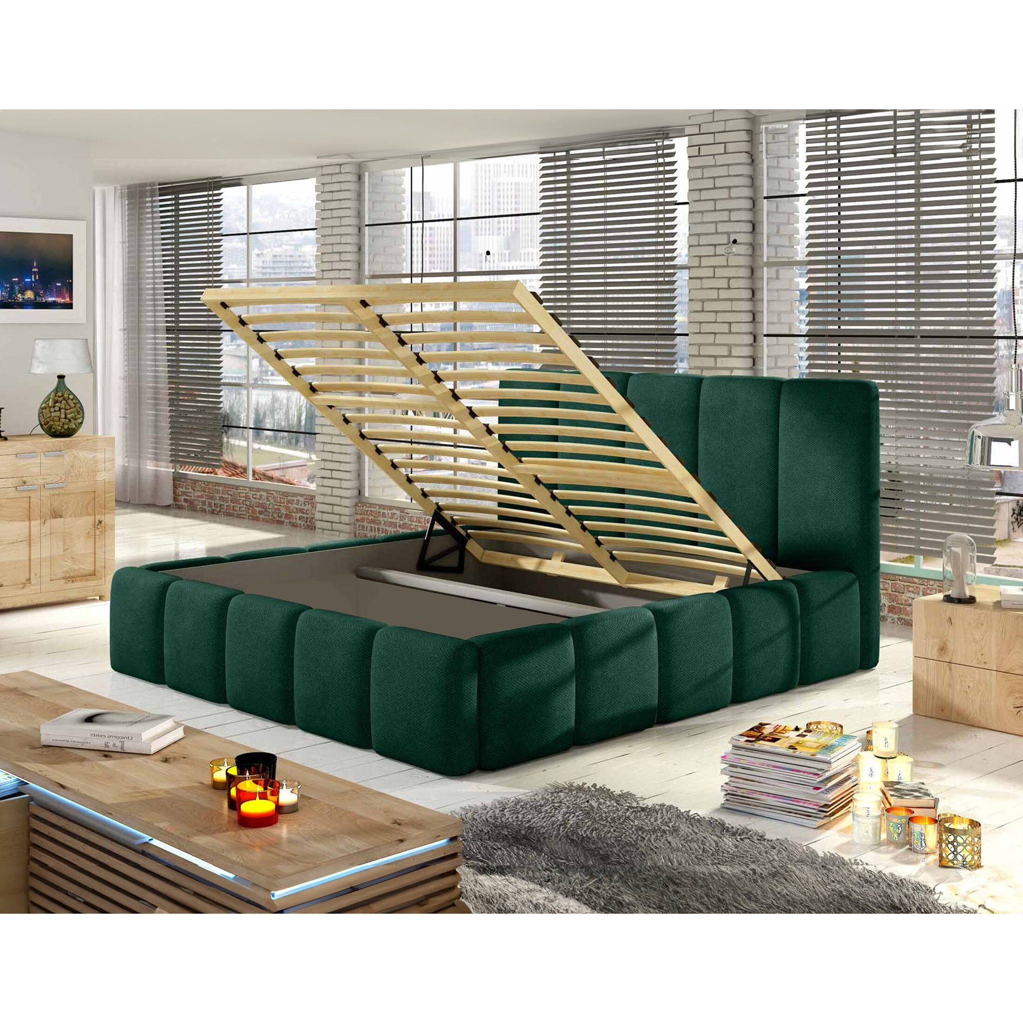 Lucea - lit coffre - 160x200 - sommier inclus - en velours - Vert