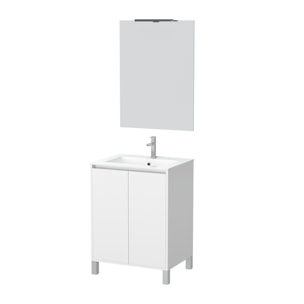 Pack Meuble Salle de Bains 60 cm Blanc 2 Portes, Vasque, Miroir 60x80 et Réglette Led - XENOS