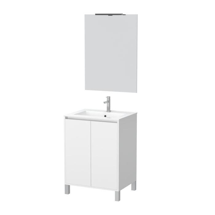 Pack Meuble Salle de Bains 60 cm Blanc 2 Portes, Vasque, Miroir 60x80 et Réglette Led - XENOS