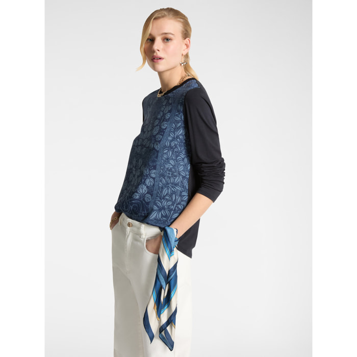 Elena Mirò - Camiseta en dos tejidos con estampado. - Azul