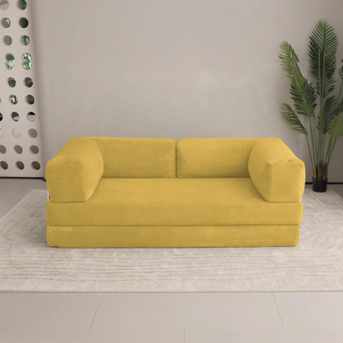 TRENDY - Canapé compressé 3 places modulable en velours côtelé jaune