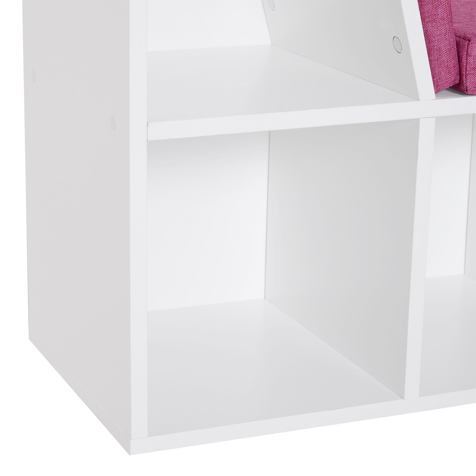 Librería con Asiento, Estantería de Libros con 6 Cubos, Estantería Almacenamiento con Banco con Cojín, Multiusos para Sala de Estar, Oficina, Dormitorio, 102x30x61cm, Blanco y Rosa