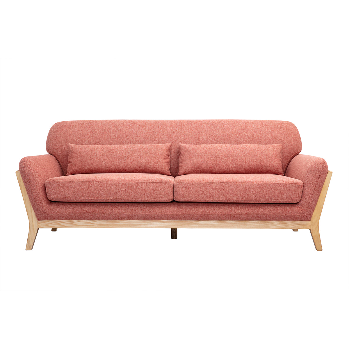Canapé scandinave 3 places en tissu effet velours texturé terracotta et bois clair YOKO