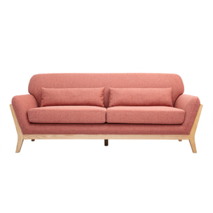 Canapé scandinave 3 places en tissu effet velours texturé terracotta et bois clair YOKO
