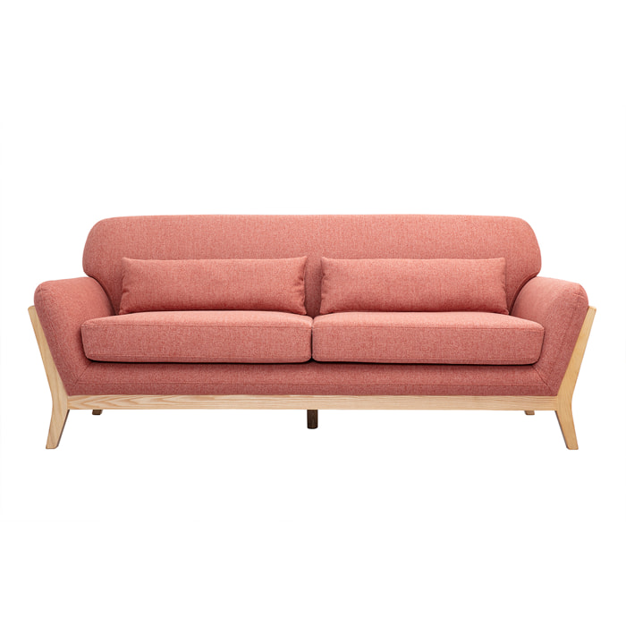 Canapé scandinave 3 places en tissu effet velours texturé terracotta et bois clair YOKO