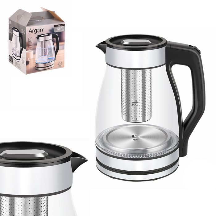 Hervidor de acero y borosilicato con luces LED. 1500W y 1,5L de capacidad.