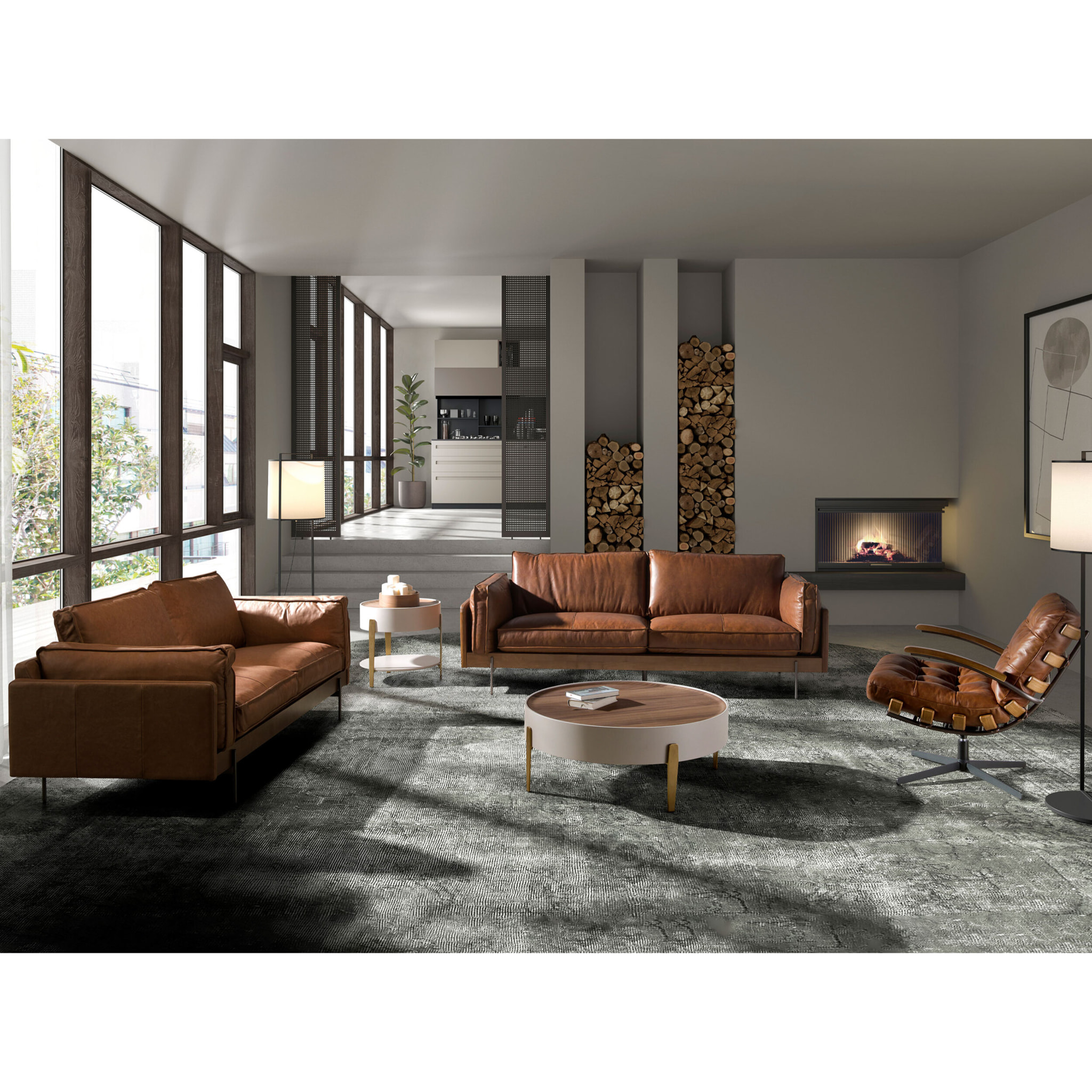 Mesa centro redonda en madera de MDF en beige y tapa de madera chapada en nogal natural 92x92x35cm