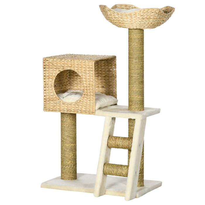 Arbre à chat style cosy chic griffoirs quenouille échelle niche panier 2 coussins inclus peluche courte polyester haute densité crème beige