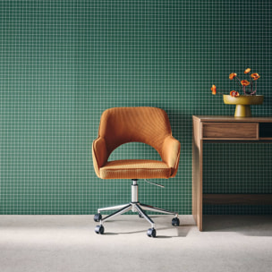 Chaise de bureau à roulettes velours côtelé camel piétement chromé. L 60 x P 62 x H 89 / 99cm