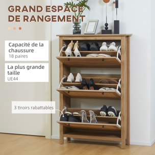 Meuble à chaussures 3 portes abattants dim. 80L x 23,5L x 121,5H cm aspect bois effet cannage rotin