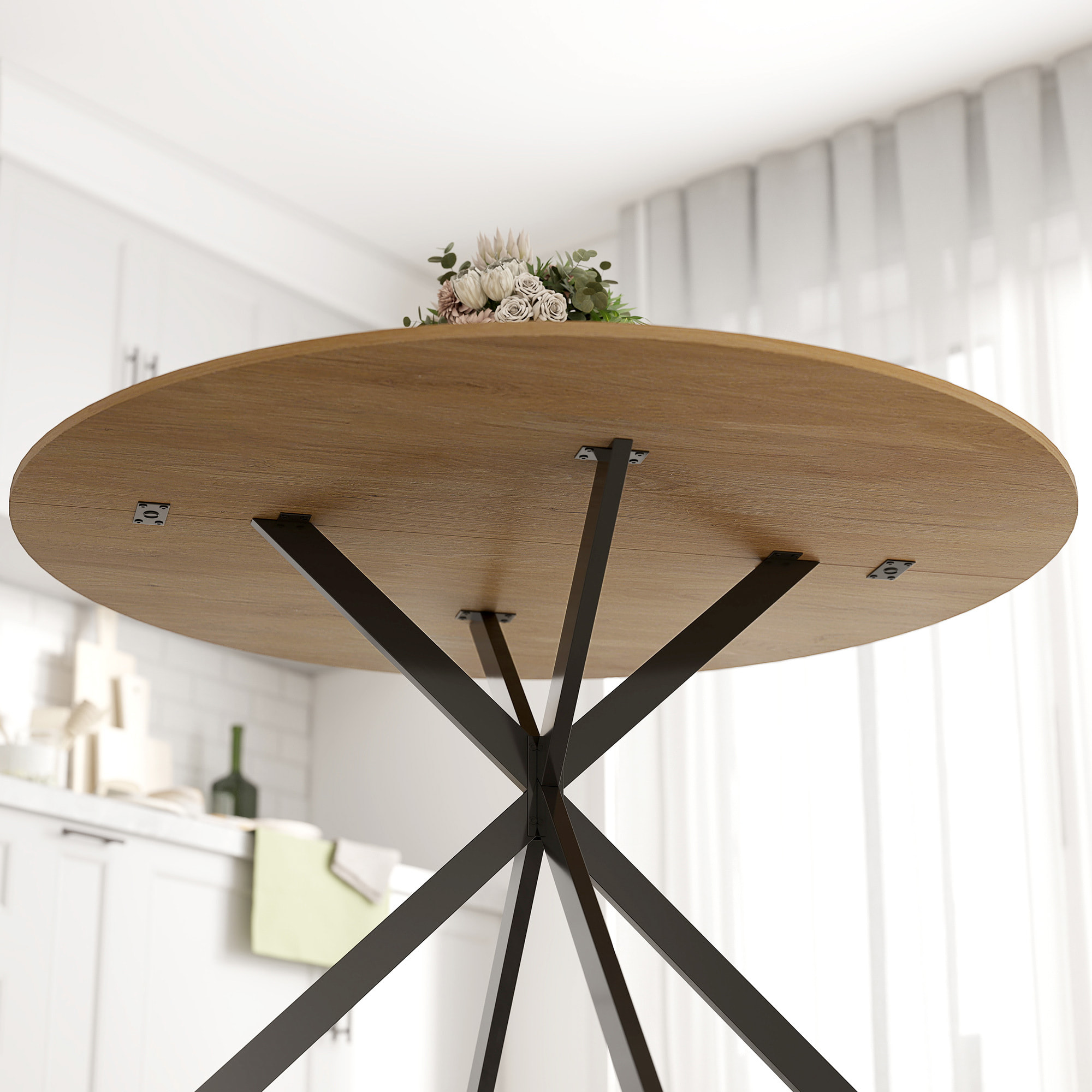 Table ronde bois 4 personnes dia. 120 cm style industriel piètement croisé acier noir