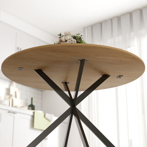 Table ronde bois 4 personnes dia. 120 cm style industriel piètement croisé acier noir