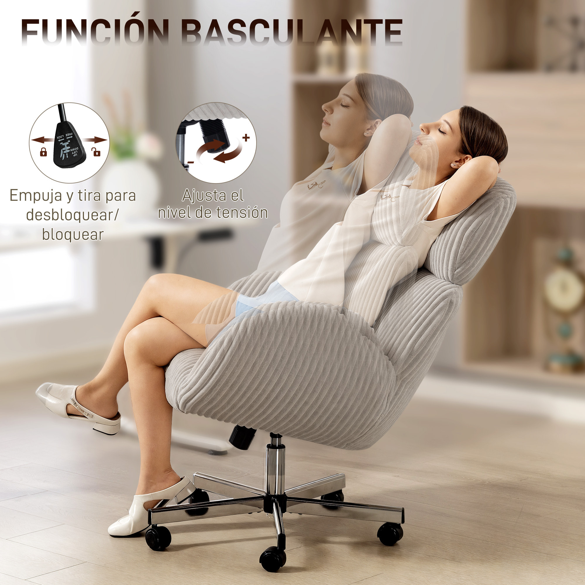 Silla de Oficina Piernas Cruzadas, Silla de Escritorio con Reposabrazos, Respaldo Alto, Reposacabezas Regulable, Ruedas, Altura Ajustable, Giratoria, Función Basculante, Tapizada en Pana, Gris