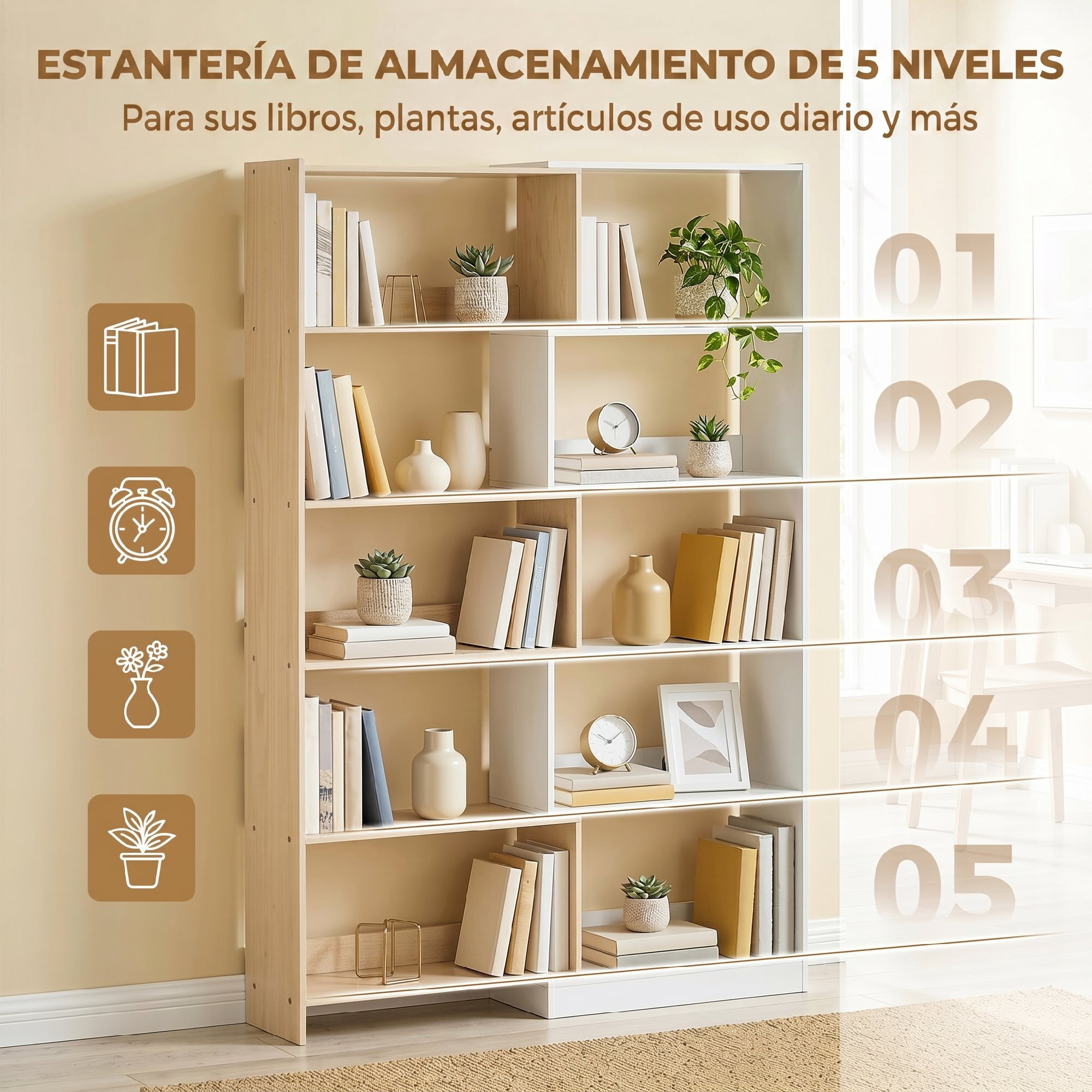 Estantería Expandible 5 Niveles, Librería para Libros Giratoria 350°, Ancho Ajustable, Convertible en en L, Recta o Compacta para Salón, Dormitorio, Estudio 111,5x23,8x163,7 cm Natural y Blanco