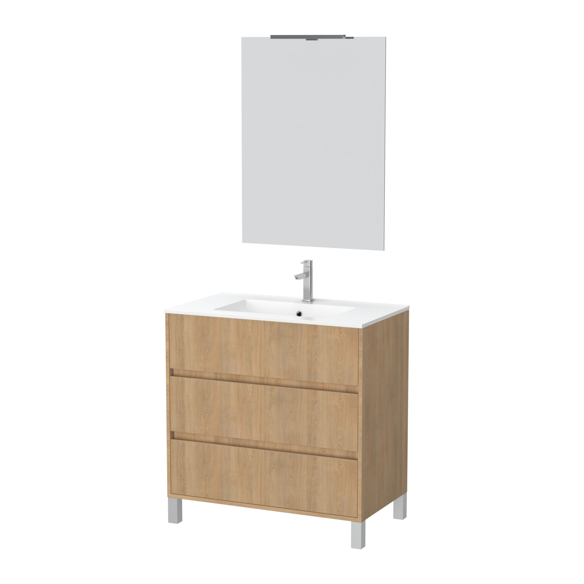 Pack Meuble Salle de Bains 80cm Chêne Clair 3 Tiroirs, Vasque, Miroir 60x80 et réglette Led - XENOS