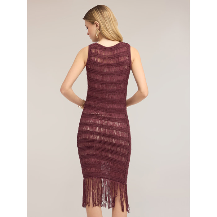 Motivi - Vestido tubo de punto macramé con flecos - Violeta