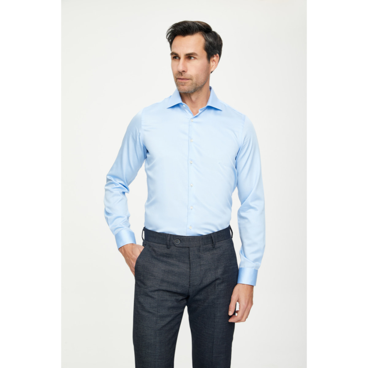 Camicia Uomo 1 Bottone Francese Slim Satin Unito Celeste