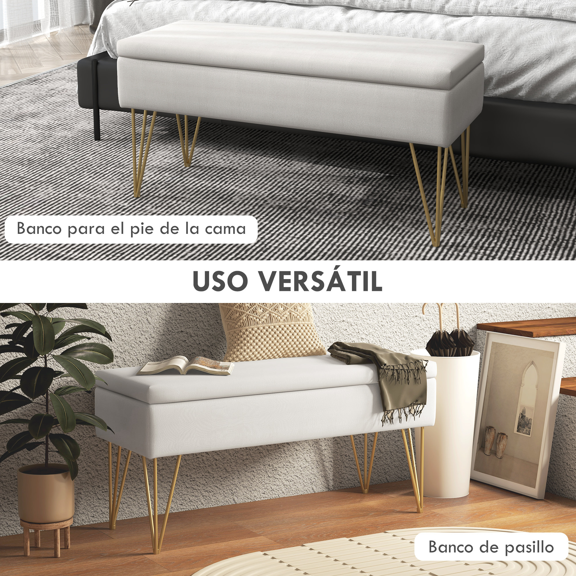 Banco Pie de Cama, Taburete Pie de Cama Tapizado en Lino Sintético con Patas de Acero y Asiento Acolchado, Estilo Moderno, Banco para Dormitorio, Entrada, Pasillo, Crema