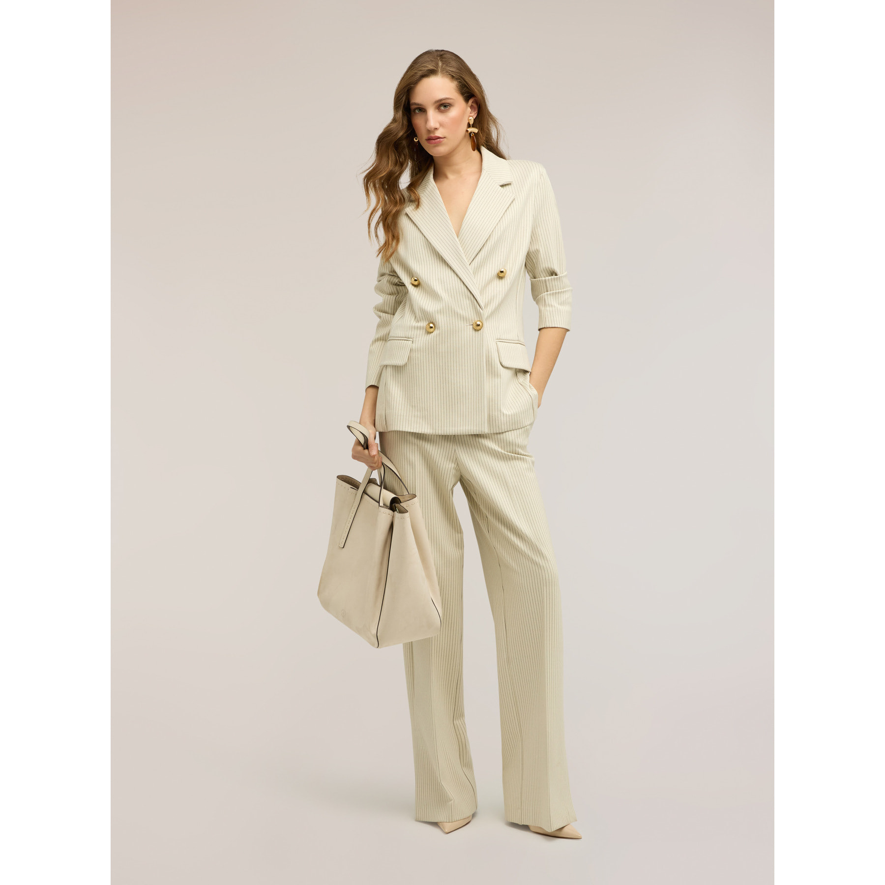 Motivi - Blazer doppiopetto gessato in misto cotone - Bianco