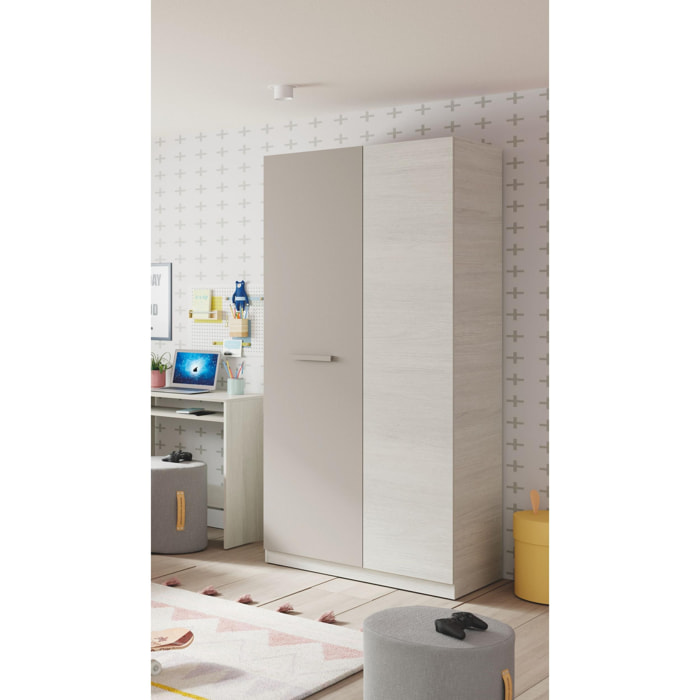 Guardaroba Abilene, Armadio per camera da letto a 2 ante battenti, Mobile con 3 ripiani e barra appendiabiti, cm 90x52h200, Bianco e Marrone