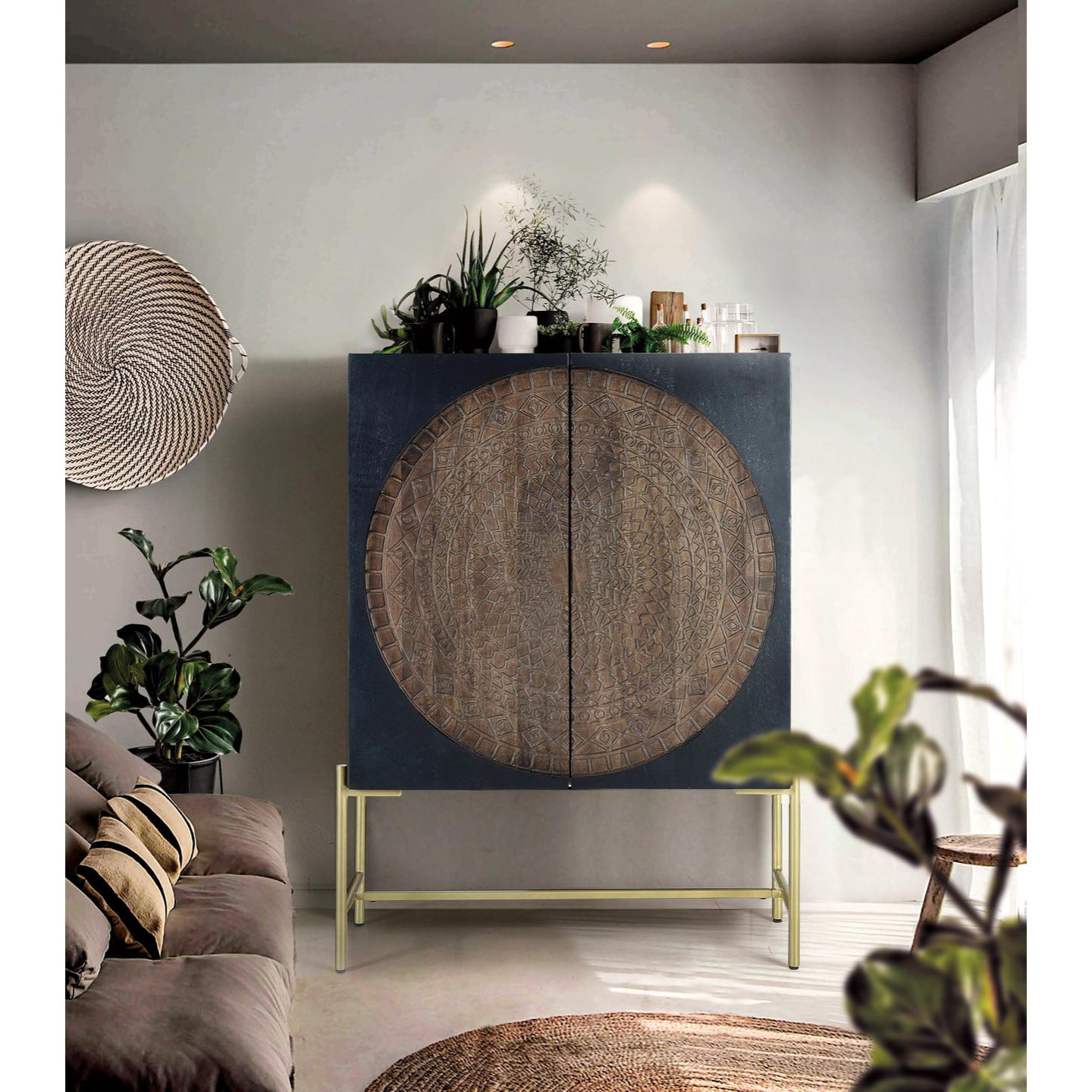 Alacena de Madera de Mango 100 Cm Estilo Rústico Étnico