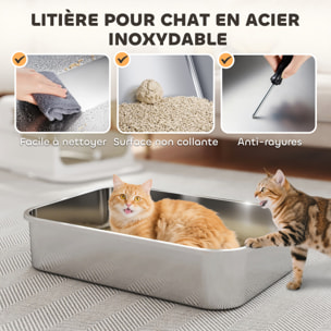 Maison de toilette bac à litière fermé acier inox - pelle, couvercle ouvrant, désodorisant - blanc fumé