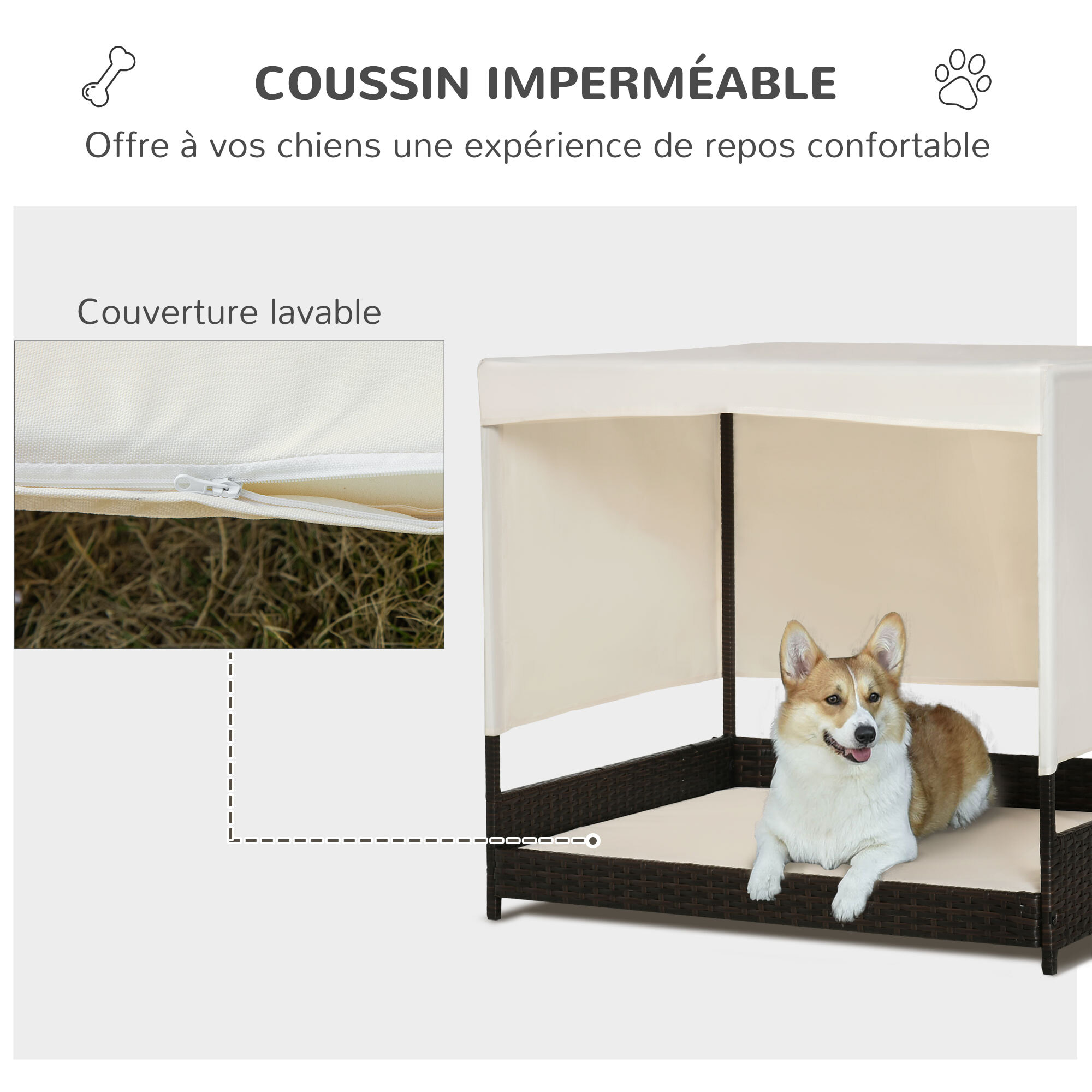 Canapé chien chat avec coussin déhoussable et auvent beige dim. 91L x 71l x 81H cm résine tressée aspect rotin brun foncé