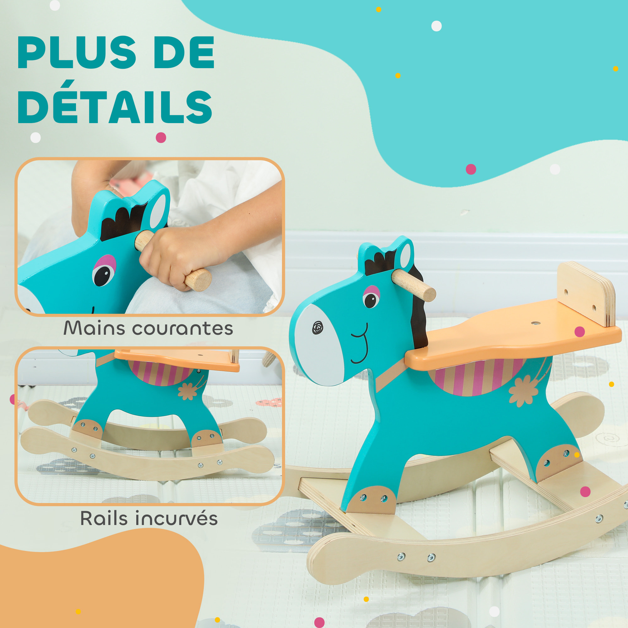 Cheval à bascule en bois - jouet à bascule âne - poignées, dossier - bois contreplaqué bleu