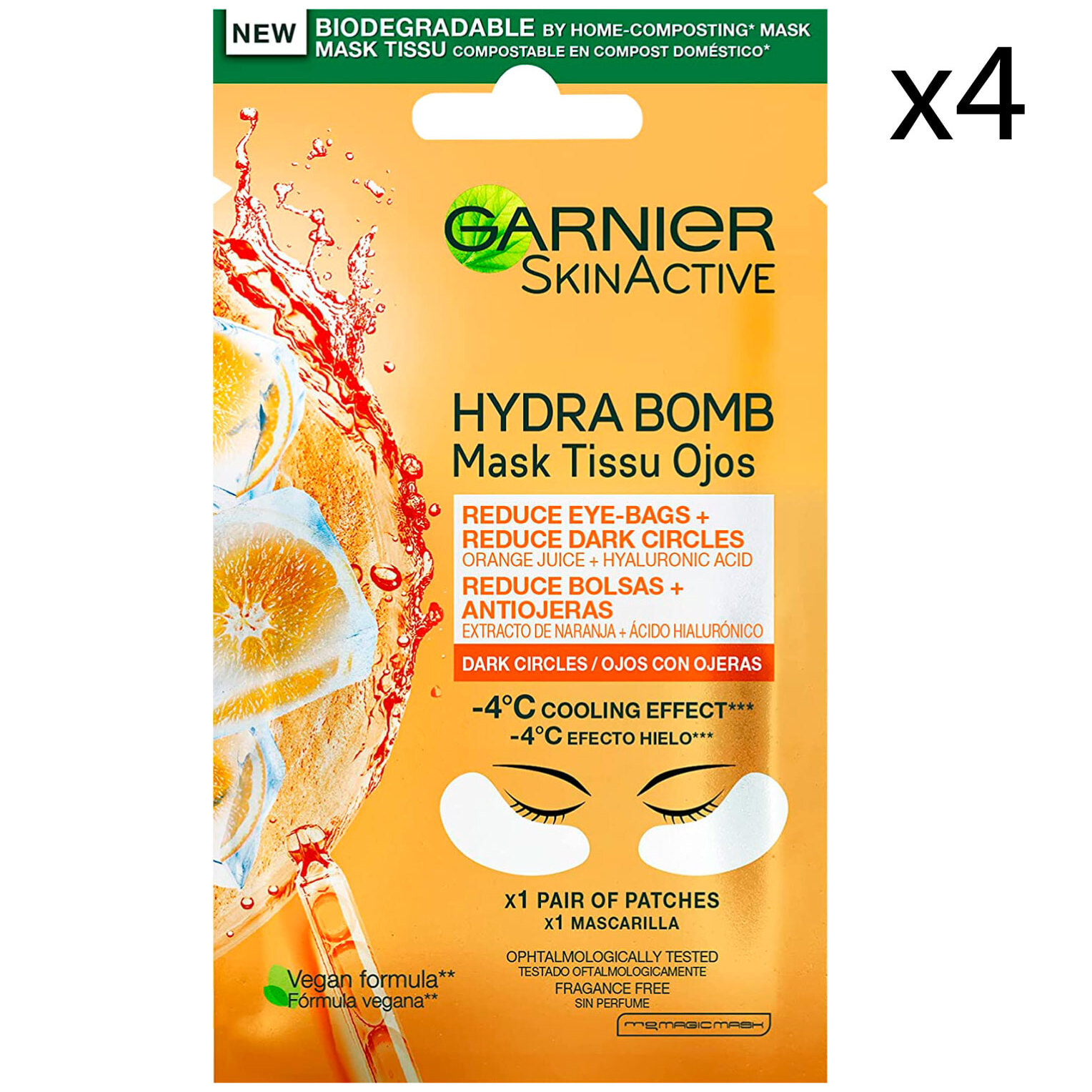 4x Maschera Contorno Occhi Anti-Fatica SkinActive Hydra Bomb con Succo d'Arancia e Acido Ialuronico Vegan
