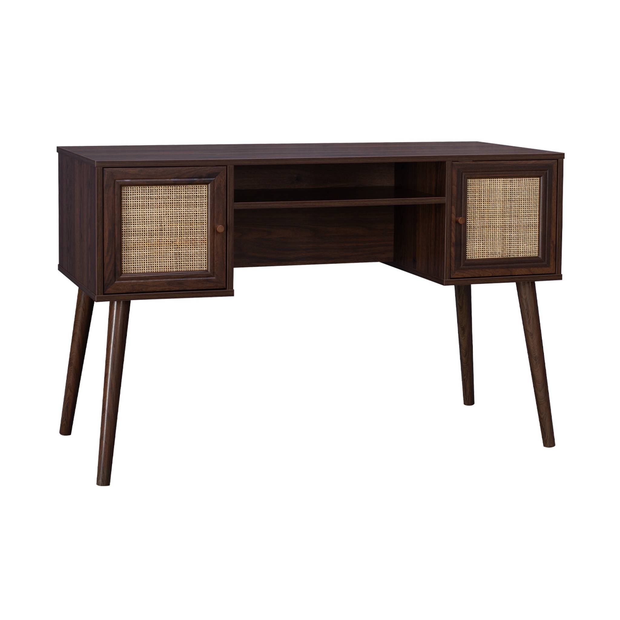 Bureau cannage et décor bois foncé avec 2 portes. 1 casier ouvert. pieds compas