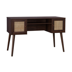 Bureau cannage et décor bois foncé avec 2 portes. 1 casier ouvert. pieds compas
