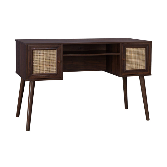 Bureau cannage et décor bois foncé avec 2 portes. 1 casier ouvert. pieds compas
