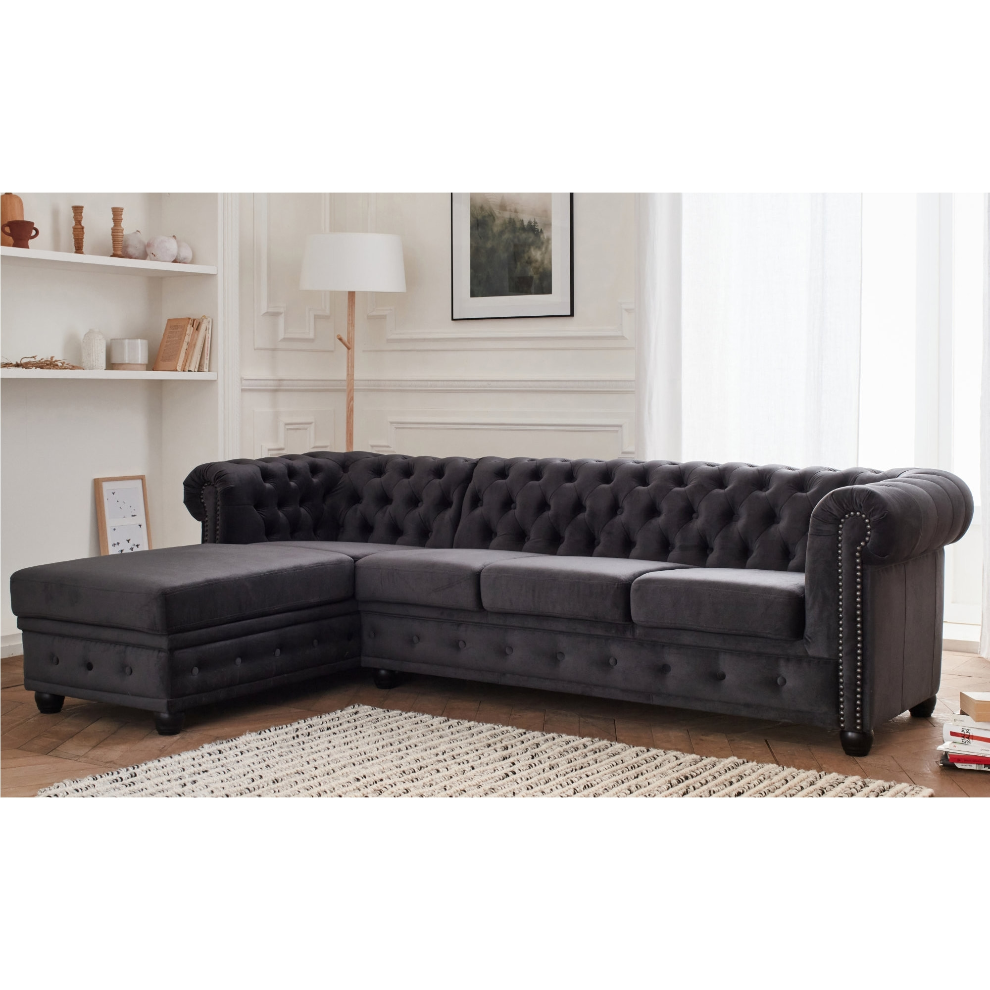 William - canapé Chesterfield d'angle gauche - 4 places - en velours - Gris foncé