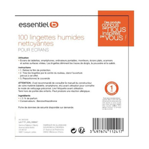 Lingettes ESSENTIELB 100 lingettes humides nettoyantes