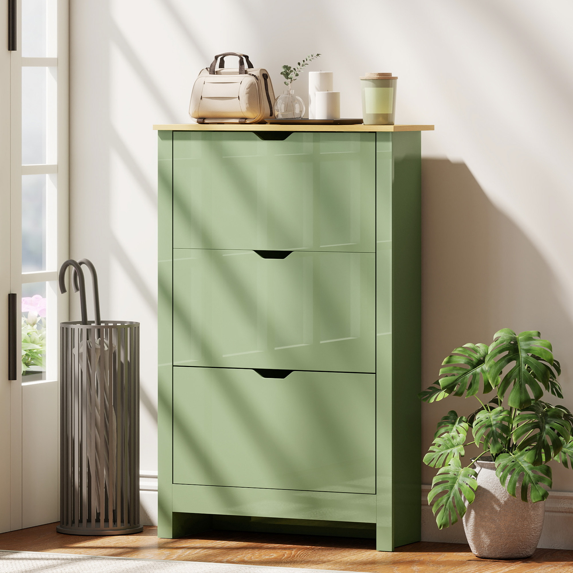 Armoire à chaussures 3 portes abattantes 2 compartiments vert amande laqué naturel
