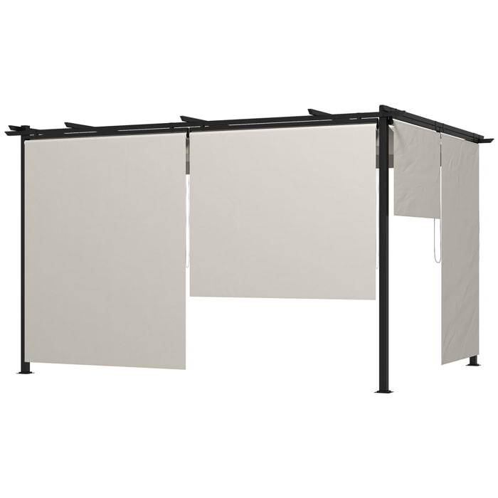 Pérgola de Jardín 4x3 m Cenador para Exterior con Techo Retráctil 4 Cortinas Enrollables de Poliéster y Marco de Metal para Patio Terraza Crema