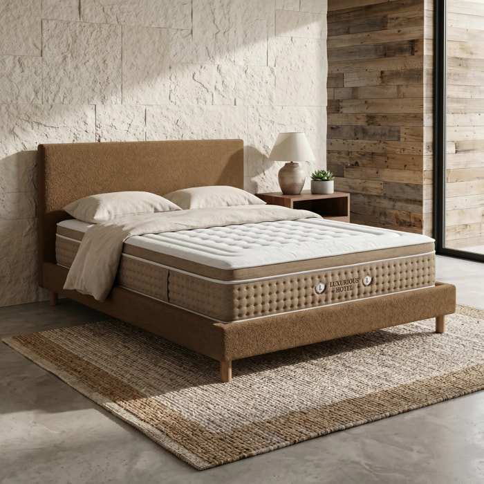 Ensemble matelas Bali & lit fixe Colisée | Mémoire de forme et ressorts ensachés | cadre à lattes | Bouclette | Sable