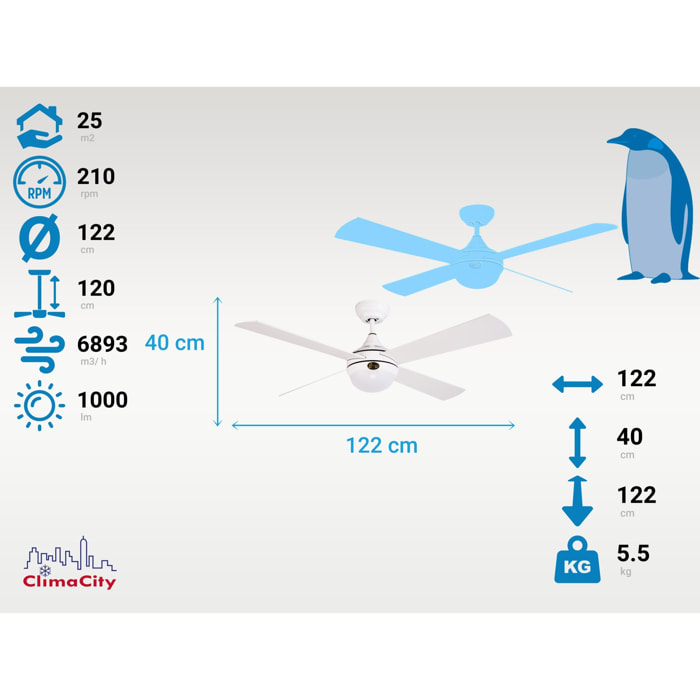 Ventilador de Techo ø122 cm con LED y Wifi Reversible Hypersilence RIAICA KLASSFAN