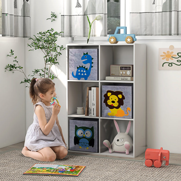 Estantería para Juguetes Infantil Librería para Niños de +3 Años con 6 Compartimientos de Almacenaje y 3 Cajones de Tela no Tejida con Imagen de Animales 61,8x29,9x91,5 cm Blanco y Gris