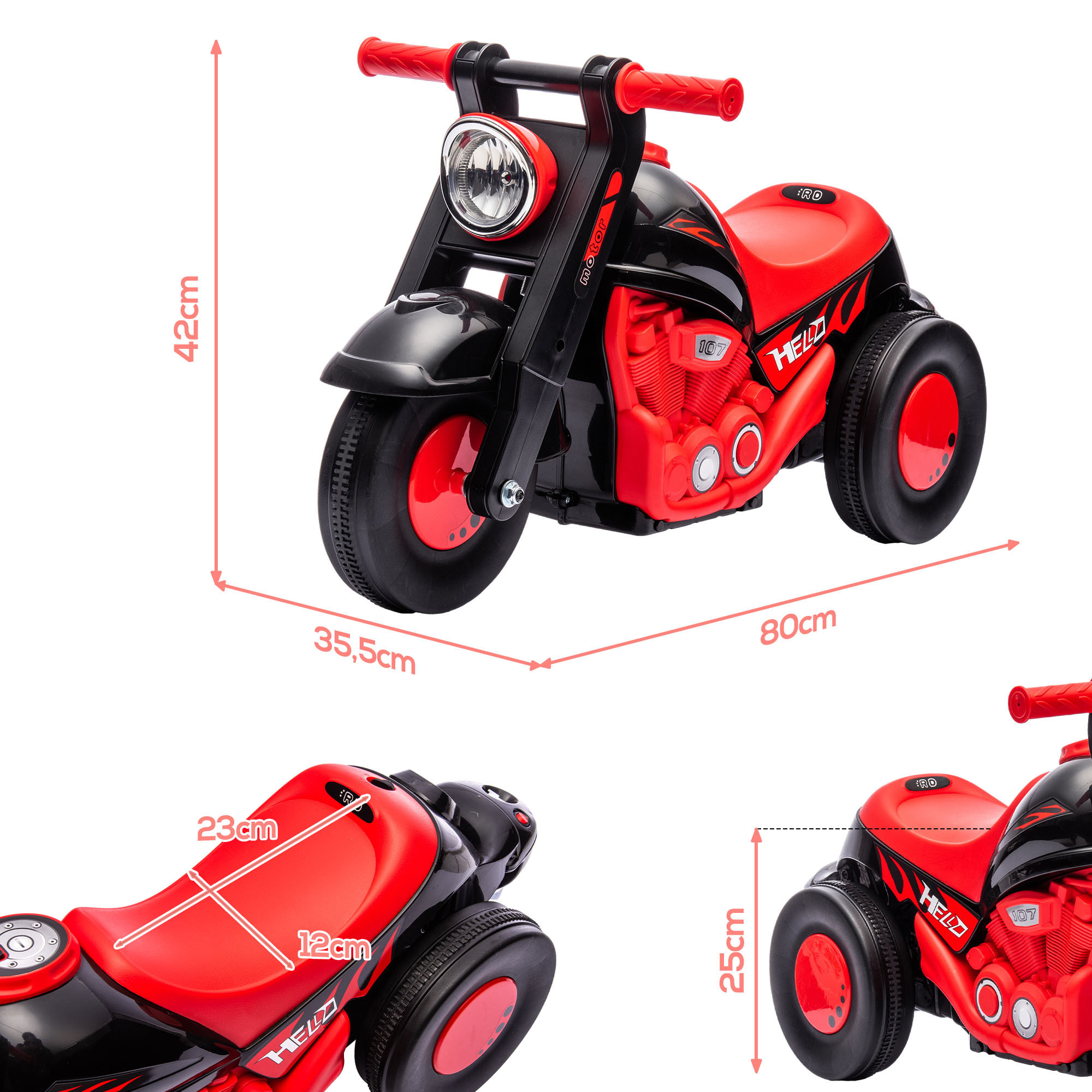 Porteur enfant moto 3 roues effet bulles et musique rouge noir