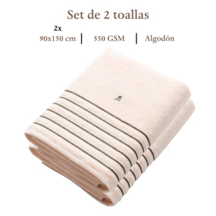 Set de 2 toallas de ducha (150x90), 100% algodón, 470gsm en beige con raya verde, scalpers home