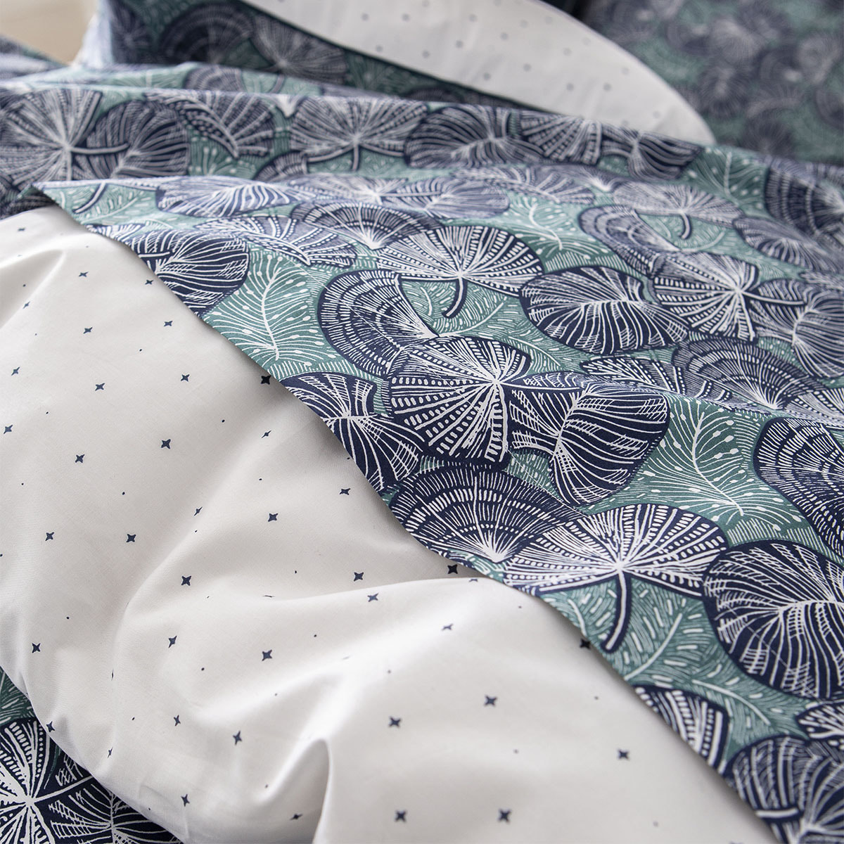 Parure de lit Housse de couette + taies rectangles unie en coton, ZEPHYR, Bleu/Vert