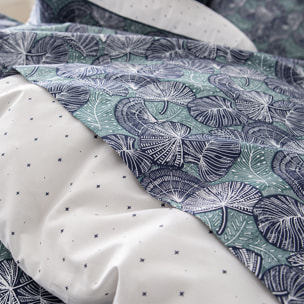 Parure de lit Housse de couette + taies rectangles unie en coton, ZEPHYR, Bleu/Vert