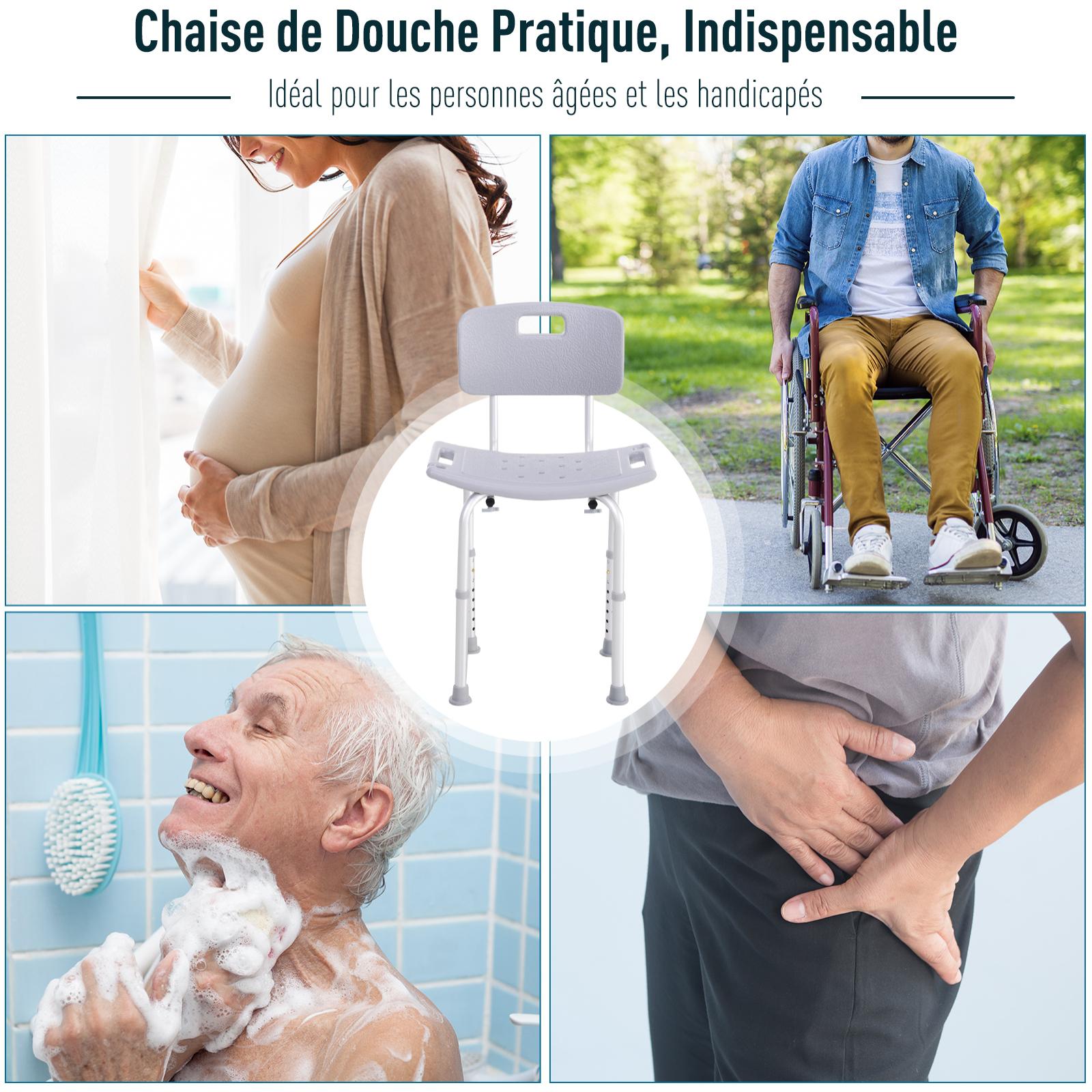 Chaise de douche siège de douche ergonomique hauteur réglable pieds antidérapants charge max. 136 Kg alu HDPE gris