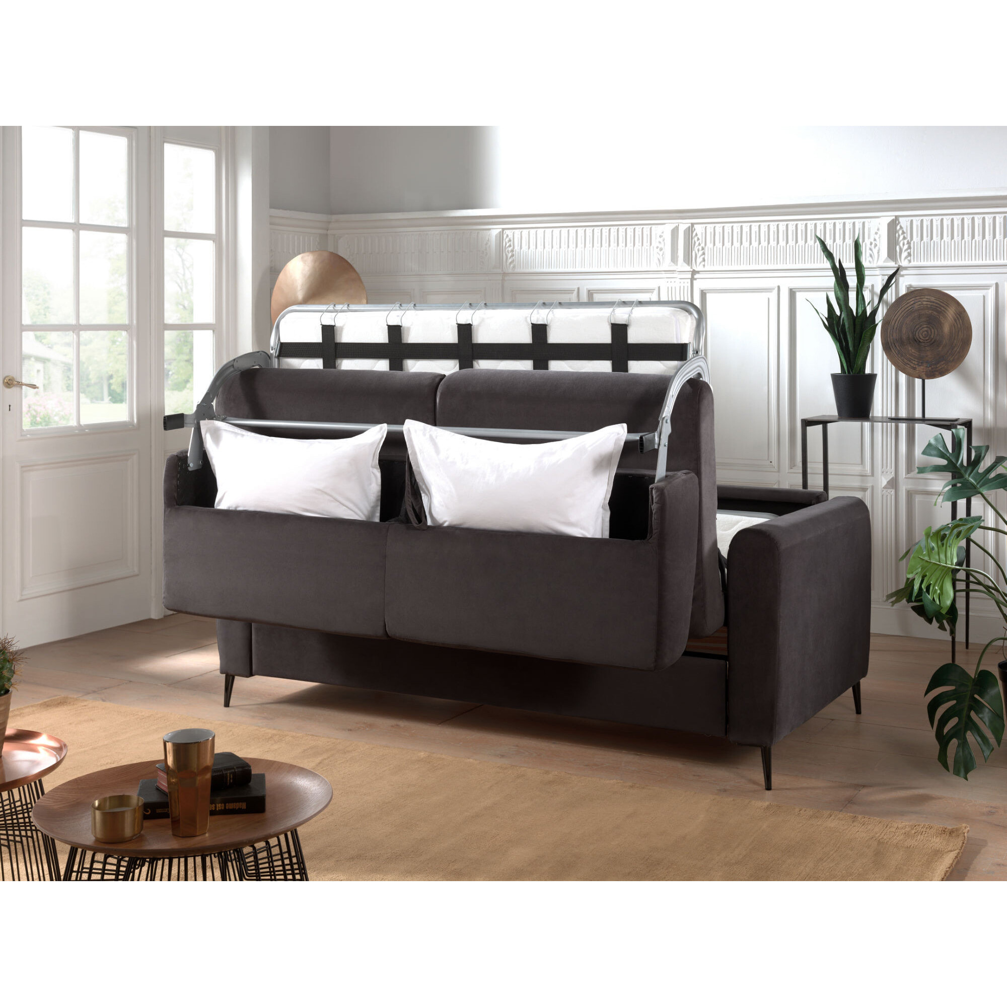Owen - canapé lit 3 places convertible express couchage quotidien 140 cm matelas 12 cm en velours - Gris foncé