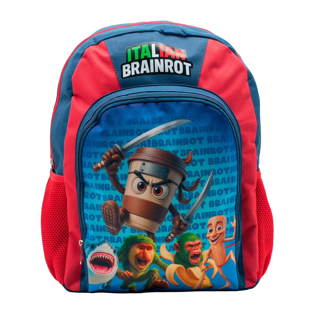 Zaino per bambini Italian Brainrot. Tasca laterale. Interno completamente foderato e personalizzato. Schienale imbottito. Spallacci ergonomici, regolabili e imbottiti.